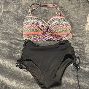 Trendy Patterned Bikini Top with Black Bottoms